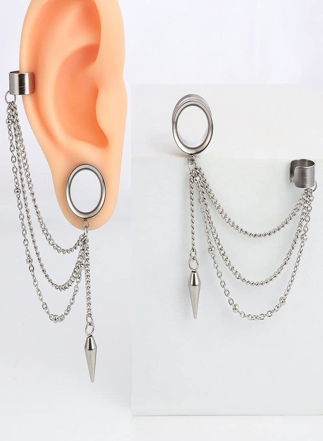 Earblity 2PCS 6mm/2g Silver Trendy Cuff Clip Triple Chain Dangle Ear Plugs Gauges Screw Ear Tunnels for Women Men Hypoallergenic 316 Stainless Steel Ear Body Piercing Jewelry - Image 5